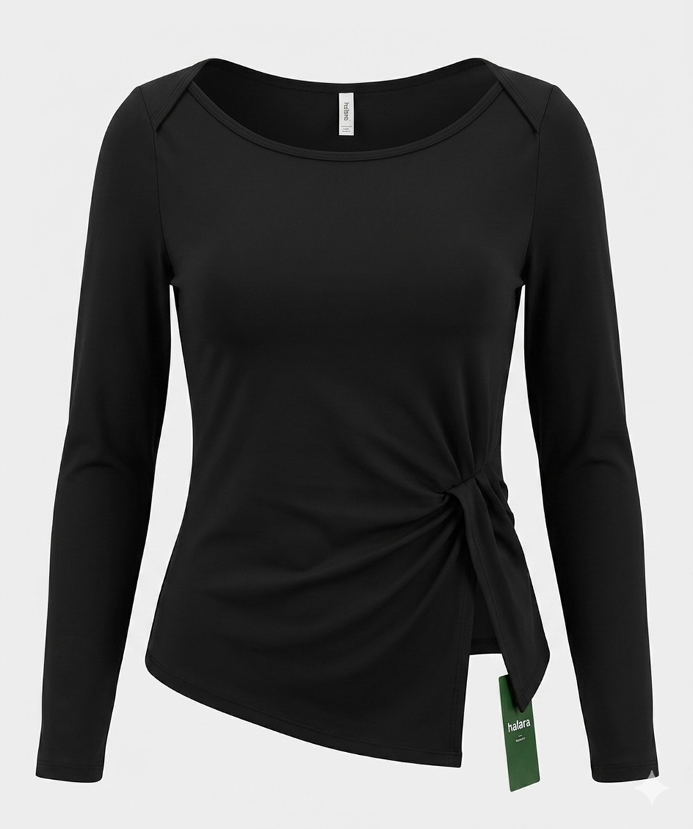 Halara Black Asymmetric Top Size XS Long Sleeve Front Side Slit Pleat NWT Blouse
